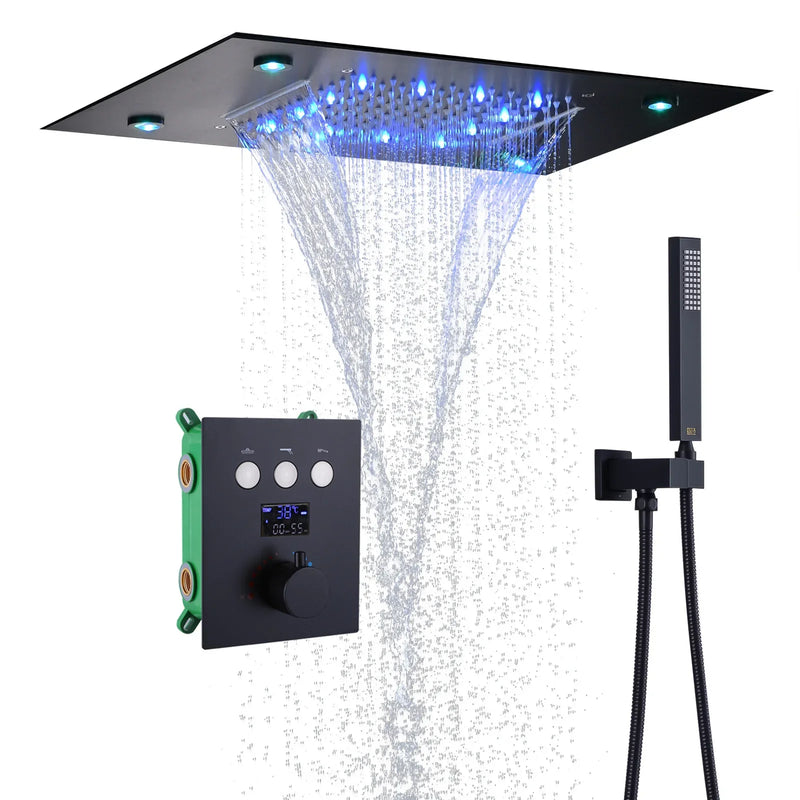 Thermostat-Duscharmatur mit LED-Anzeige – Integrierte Smart-Funktion | Quadratischer Duschstrahl | Messing | Schwarz