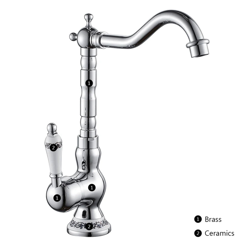 Küchenarmatur aus antikem Messing mit Keramikgriff - 360° drehbar | Traditionelles Design