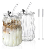 RillenGlas Trinkbecher-Set – 2/4 Wiederverwendbare Glasbecher mit Deckel & Trinkhalm | Spülmaschinengeeignet | Für Eiskaffee, Matcha & Saft