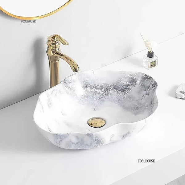Ovales Keramikwaschbecken mit Marmormuster – Tischmodell | Leichtes Luxusdesign | 12L