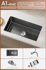Luxus-Wasserfall-Küchenspüle – Schwarzer Edelstahl | Einzelkugel | Unterbau | Inklusive Wasserhahn und Seifenspender