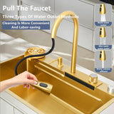 Goldfarbene Küchenspüle aus Edelstahl 304 mit Wasserfall, großes Einzelbecken, mittleres und unteres Becken, verstärkt