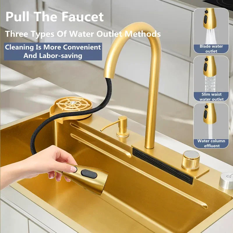 Goldfarbene Küchenspüle aus Edelstahl 304 mit Wasserfall, großes Einzelbecken, mittleres und unteres Becken, verstärkt