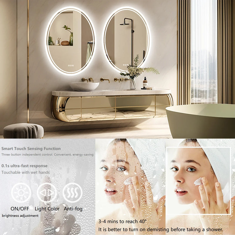 Luxuriöser runder LED-Badezimmerspiegel | 60x80 cm | Rahmenlos | Touch-Bedienung & Anti-Kondensation