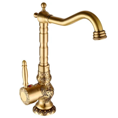 Antiker Messing-Waschtischhahn – Graviert | Einhebelmischer | Warmes und kaltes Wasser