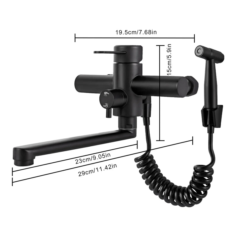 AquaFlex Wandarmatur mit Seitensprühkopf – 360° Drehbarer Küchenhahn aus Gebürstetem Edelstahl