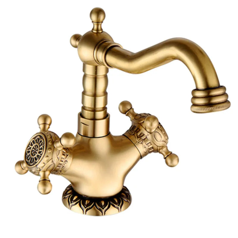 Antiker Messing-Waschtischhahn – Graviert | Einhebelmischer | Warmes und kaltes Wasser