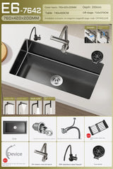 Luxus-Wasserfall-Küchenspüle – Schwarzer Edelstahl | Einzelkugel | Unterbau | Inklusive Wasserhahn und Seifenspender