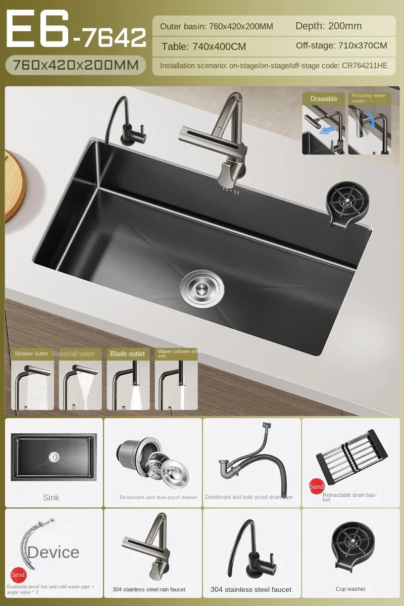 Luxus-Wasserfall-Küchenspüle – Schwarzer Edelstahl | Einzelkugel | Unterbau | Inklusive Wasserhahn und Seifenspender