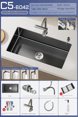 Luxus-Wasserfall-Küchenspüle – Schwarzer Edelstahl | Einzelkugel | Unterbau | Inklusive Wasserhahn und Seifenspender