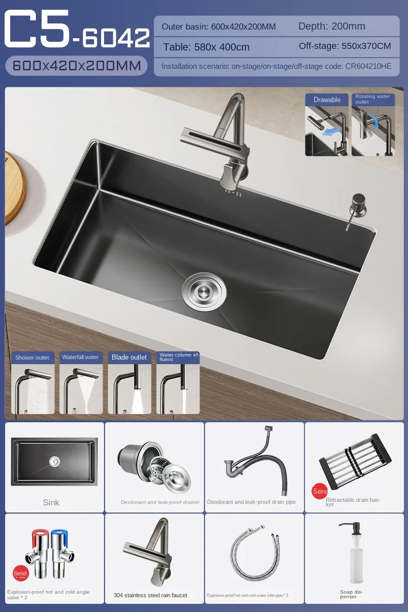 Luxus-Wasserfall-Küchenspüle – Schwarzer Edelstahl | Einzelkugel | Unterbau | Inklusive Wasserhahn und Seifenspender