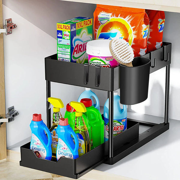 SlideEase 2-stufiger Organizer – Ausziehbarer Untergiebel-Organizer mit Korb, Haken und Bechersystem