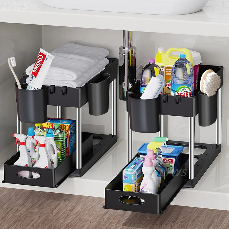 SlideEase 2-stufiger Organizer – Ausziehbarer Untergiebel-Organizer mit Korb, Haken und Bechersystem