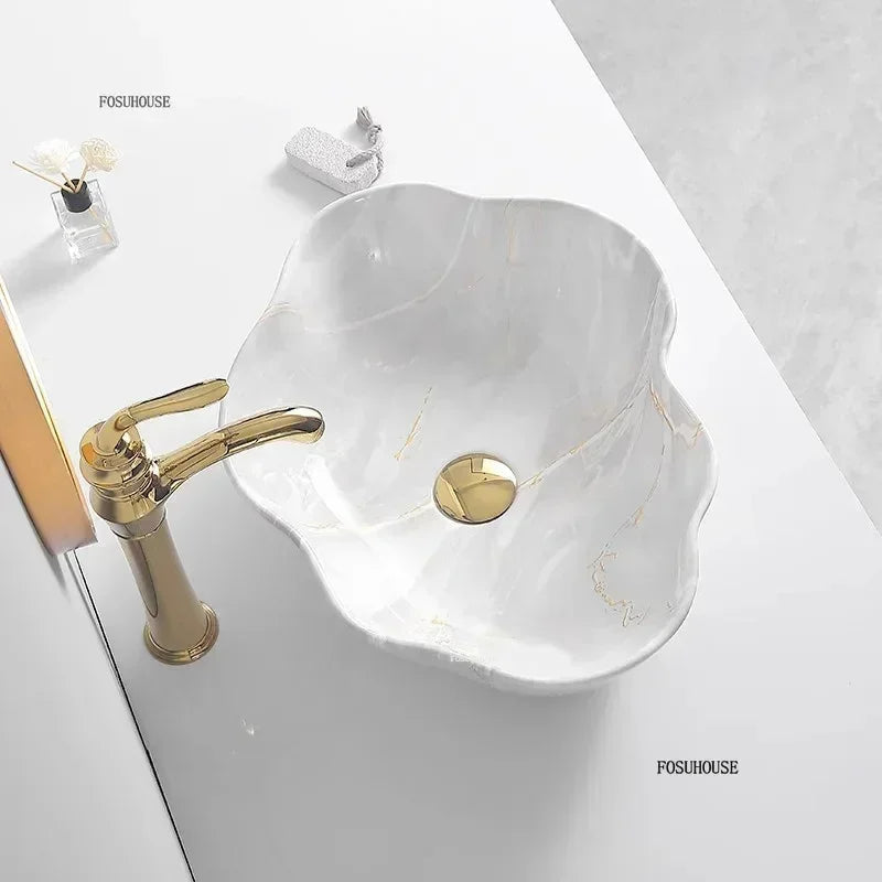 Ovales Keramikwaschbecken mit Marmormuster – Tischmodell | Leichtes Luxusdesign | 12L