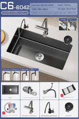 Luxus-Wasserfall-Küchenspüle – Schwarzer Edelstahl | Einzelkugel | Unterbau | Inklusive Wasserhahn und Seifenspender