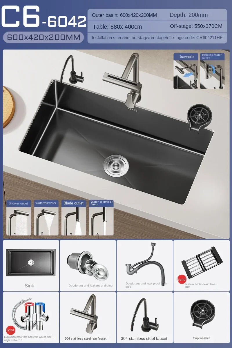 Luxus-Wasserfall-Küchenspüle – Schwarzer Edelstahl | Einzelkugel | Unterbau | Inklusive Wasserhahn und Seifenspender