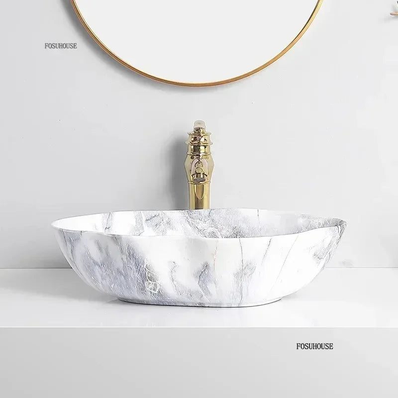 Ovales Keramikwaschbecken mit Marmormuster – Tischmodell | Leichtes Luxusdesign | 12L