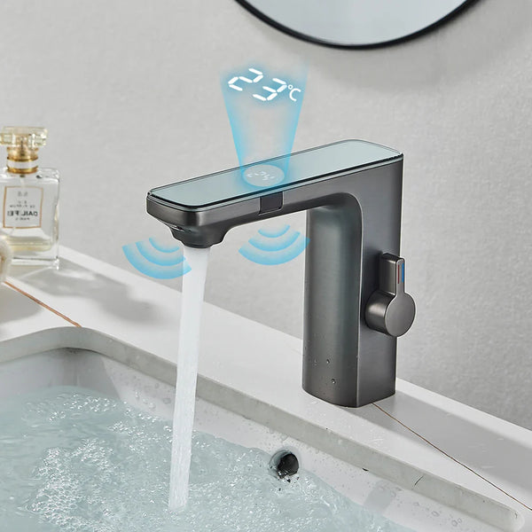 Weißer Smart Sensor Waschtischarmatur mit Digitalanzeige – Berührungsloser Mischer | Warm- und Kaltwasser | Für Badezimmer