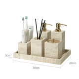 TraveraStone Luxury Travertin Badezimmer-Accessoires Set – Elegantes Naturstein Bad-Set mit Seifenspender, Zahnbürstenhalter & Tablett