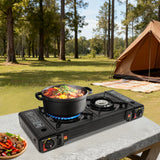 CampingFlamme Doppelkocher – Tragbarer 2-Flammen-Gaskocher mit Piezozündung | 2.5 kW & Butan-/Flüssiggasbetrieb | Mit Grillplatte und Transportkoffer