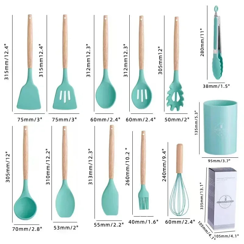 ChefEase – 12-teiliges Silikon-Kochutensilien-Set mit Holzgriffen