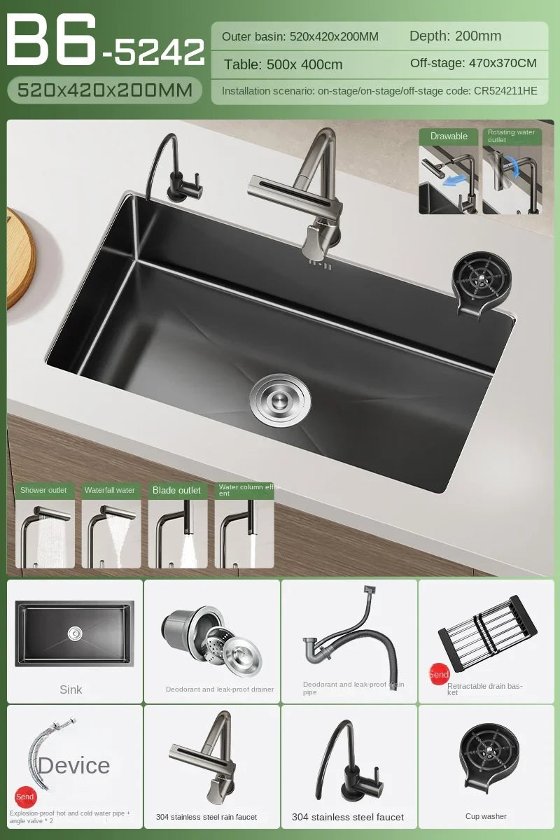 Luxus-Wasserfall-Küchenspüle – Schwarzer Edelstahl | Einzelkugel | Unterbau | Inklusive Wasserhahn und Seifenspender