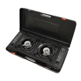 CampingFlamme Doppelkocher – Tragbarer 2-Flammen-Gaskocher mit Piezozündung | 2.5 kW & Butan-/Flüssiggasbetrieb | Mit Grillplatte und Transportkoffer