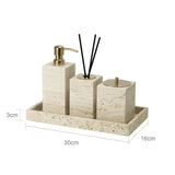TraveraStone Luxury Travertin Badezimmer-Accessoires Set – Elegantes Naturstein Bad-Set mit Seifenspender, Zahnbürstenhalter & Tablett