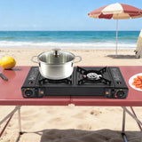 CampingFlamme Doppelkocher – Tragbarer 2-Flammen-Gaskocher mit Piezozündung | 2.5 kW & Butan-/Flüssiggasbetrieb | Mit Grillplatte und Transportkoffer