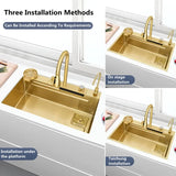 Goldfarbene Küchenspüle aus Edelstahl 304 mit Wasserfall, großes Einzelbecken, mittleres und unteres Becken, verstärkt