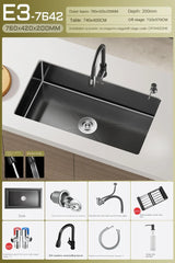 Luxus-Wasserfall-Küchenspüle – Schwarzer Edelstahl | Einzelkugel | Unterbau | Inklusive Wasserhahn und Seifenspender
