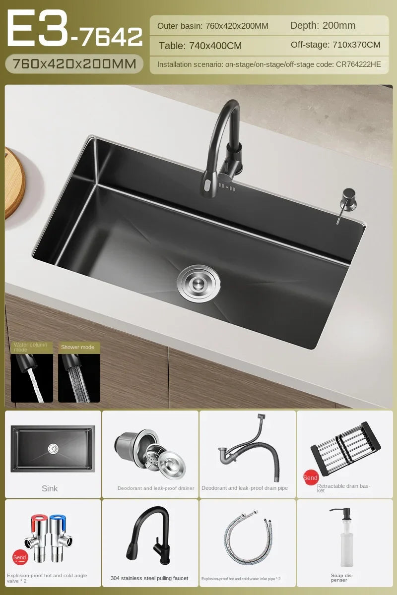 Luxus-Wasserfall-Küchenspüle – Schwarzer Edelstahl | Einzelkugel | Unterbau | Inklusive Wasserhahn und Seifenspender