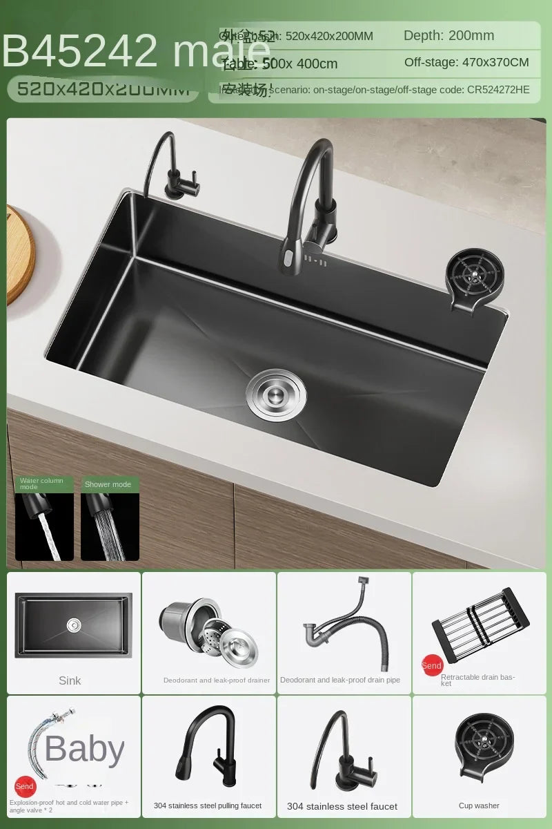 Luxus-Wasserfall-Küchenspüle – Schwarzer Edelstahl | Einzelkugel | Unterbau | Inklusive Wasserhahn und Seifenspender