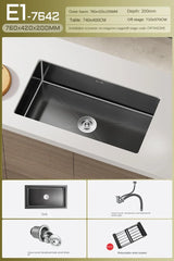 Luxus-Wasserfall-Küchenspüle – Schwarzer Edelstahl | Einzelkugel | Unterbau | Inklusive Wasserhahn und Seifenspender