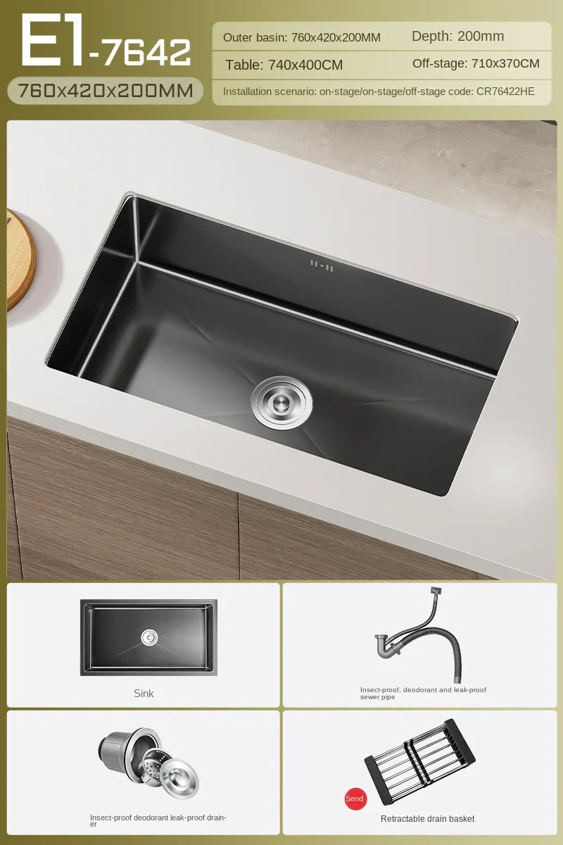 Luxus-Wasserfall-Küchenspüle – Schwarzer Edelstahl | Einzelkugel | Unterbau | Inklusive Wasserhahn und Seifenspender
