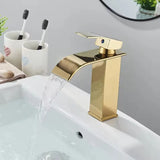 GoldCascade Waschtischarmatur – Gebürstete Goldarmatur für Waschbecken | Eleganter Wasserfallauslauf | Einhebel-Mischbatterie aus Edelstahl