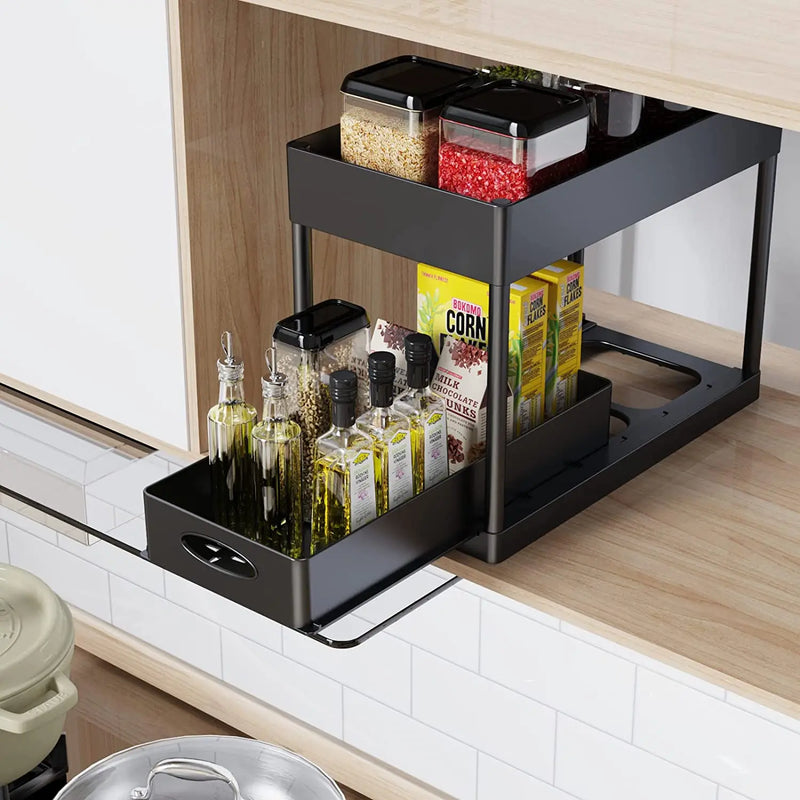 SlideEase 2-stufiger Organizer – Ausziehbarer Untergiebel-Organizer mit Korb, Haken und Bechersystem