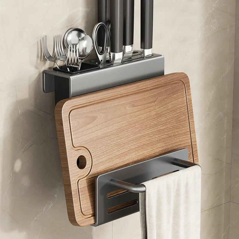 ChefSpace Wandmontierter Messerhalter mit Schneidebrett-Aufbewahrung – Edelstahl