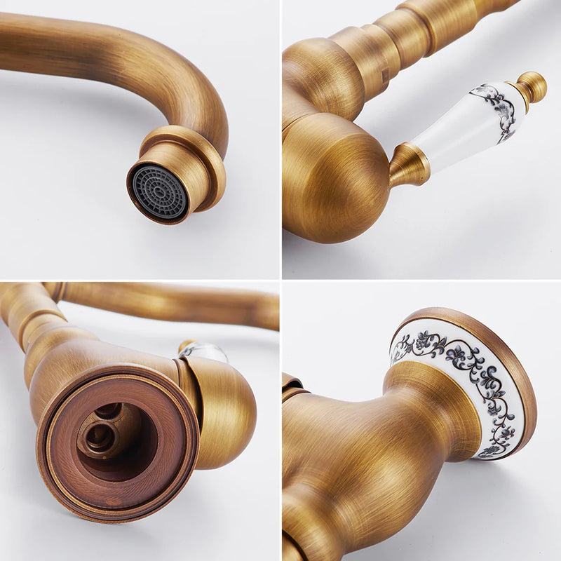 Küchenarmatur aus antikem Messing mit Keramikgriff - 360° drehbar | Traditionelles Design