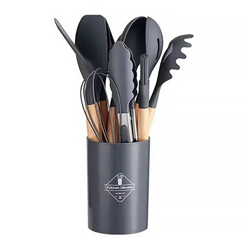 ChefEase – 12-teiliges Silikon-Kochutensilien-Set mit Holzgriffen