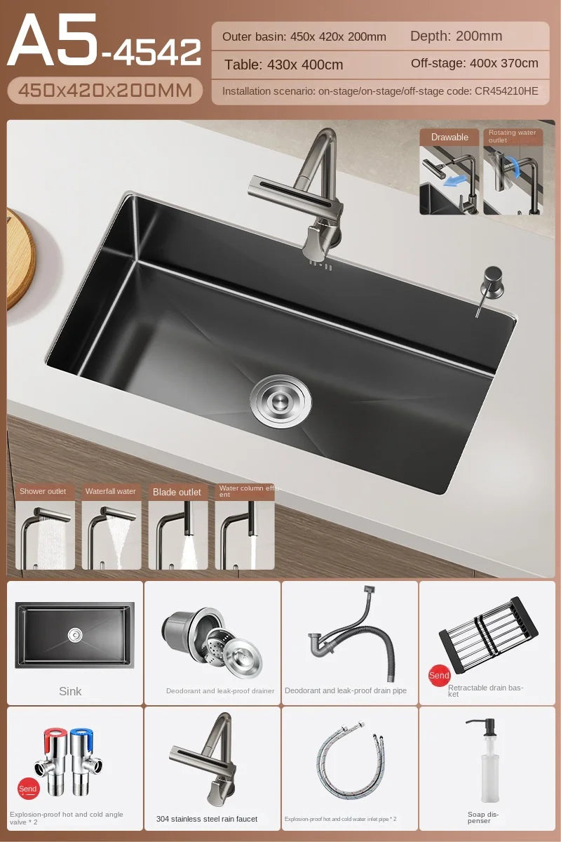 Luxus-Wasserfall-Küchenspüle – Schwarzer Edelstahl | Einzelkugel | Unterbau | Inklusive Wasserhahn und Seifenspender