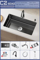 Luxus-Wasserfall-Küchenspüle – Schwarzer Edelstahl | Einzelkugel | Unterbau | Inklusive Wasserhahn und Seifenspender