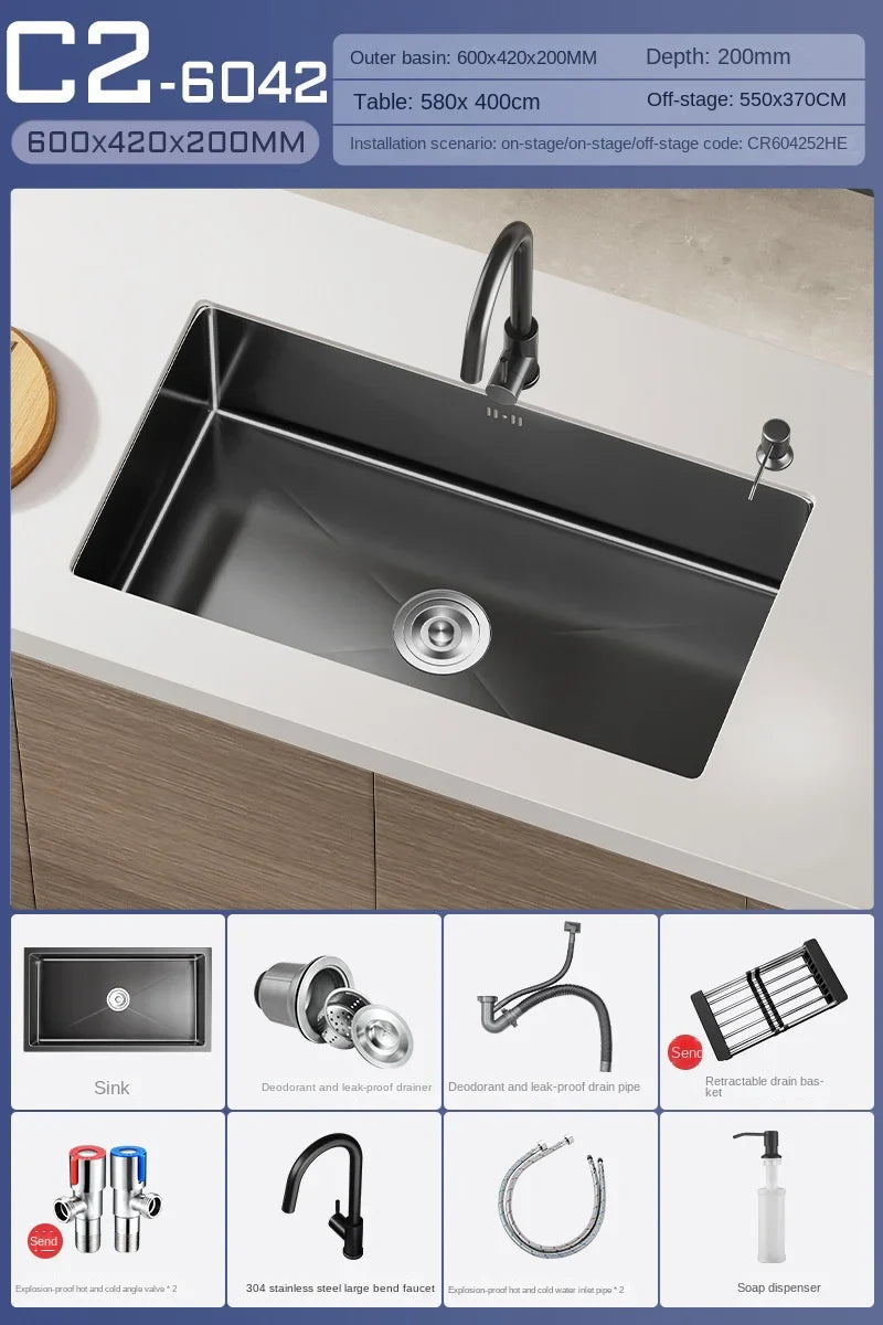 Luxus-Wasserfall-Küchenspüle – Schwarzer Edelstahl | Einzelkugel | Unterbau | Inklusive Wasserhahn und Seifenspender