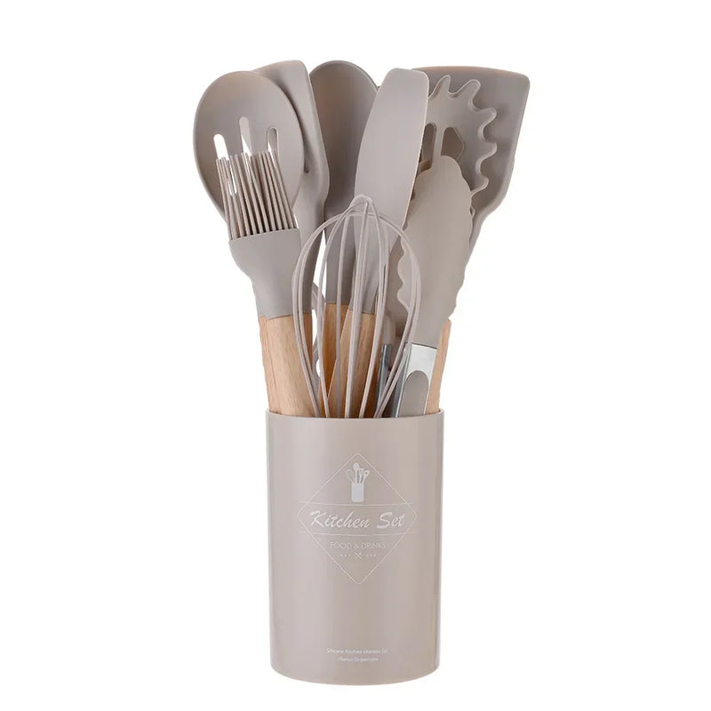 ChefEase – 12-teiliges Silikon-Kochutensilien-Set mit Holzgriffen