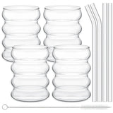 RetroRille Trinkgläser 4er-Set – Strukturierte Glasbecher mit Trinkhalmen | Transparente Rillengläser im Vintage-Stil | Für Kaffee, Saft & Feiern
