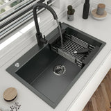 Edelstahl-Küchenspüle, Einzelbecken, dunkelgraues Waschbecken mit Küchenarmatur und Abflusszubehör