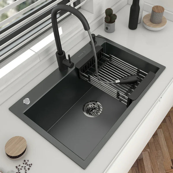 Edelstahl-Küchenspüle, Einzelbecken, dunkelgraues Waschbecken mit Küchenarmatur und Abflusszubehör