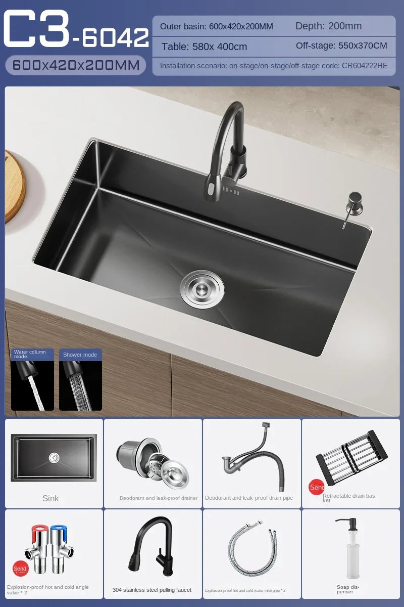 Luxus-Wasserfall-Küchenspüle – Schwarzer Edelstahl | Einzelkugel | Unterbau | Inklusive Wasserhahn und Seifenspender