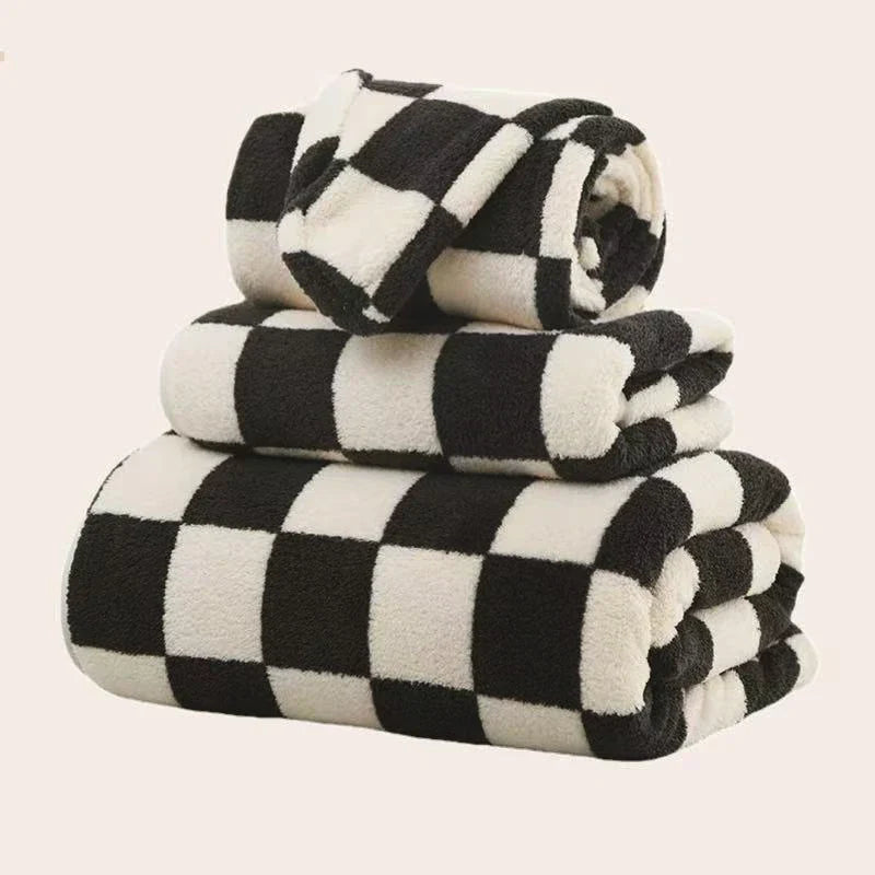 Schwarz-weiß kariertes Handtuchset | 100 % Polyester