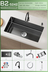 Luxus-Wasserfall-Küchenspüle – Schwarzer Edelstahl | Einzelkugel | Unterbau | Inklusive Wasserhahn und Seifenspender
